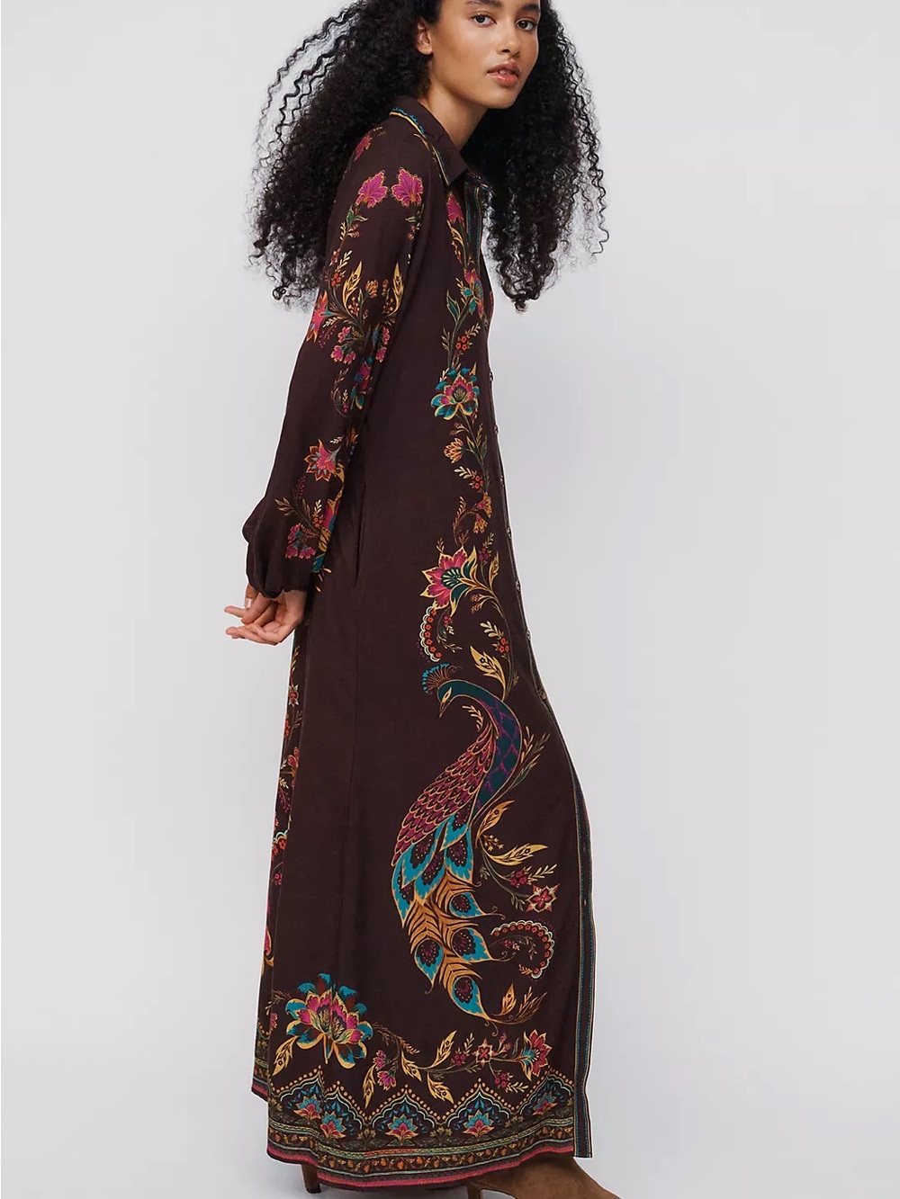 Farm Rio Anthropologie Maxi Dress Womens M Brown NWT Boho Peacock Floral Viscose - Picture 2 of 13